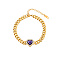 Heart Cubic Zirconia Link Bracelets, with Golden Stainless Steel Cuban Link Chains, Dark Violet, 7-1/8 inch(18cm)