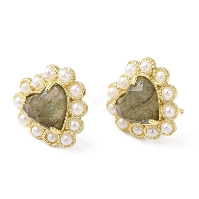 Ion Plating(IP) Natural Labradorite Heart Stud Earrings with Plastic Pearl Beaded EJEW-E599-02G-01-1