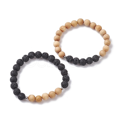 Natural Lava Rock & Wooden Round Beaded Stretch Bracelet BJEW-JB10075-02-1