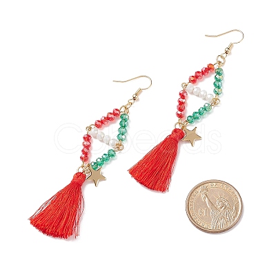 Glass Beaded Rhombus with Star and Tassel Dangle Earrings EJEW-TA00100-1