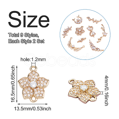 Sparkeads 18Pcs 9 Style Brass Micro Pave Clear Cubic Zirconia Links Connectors KK-SK0001-01-1