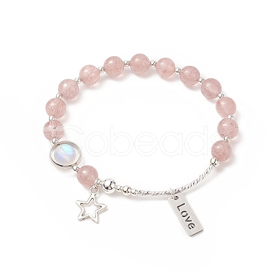 2Pcs 2 Style Natural Strawberry Quartz & Synthetic Moonstone Beaded Stretch Bracelets Set BJEW-TA00240-1