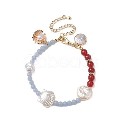 4mm Round Natural Angelite and 6mm Round Carnelian Beaded Bracelets BJEW-JB10541-1