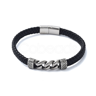 Men's Braided Black PU Leather Cord Bracelets BJEW-K243-67AS-1