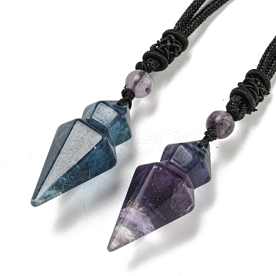 Natural Fluorite Conical Pendulum Pendant Necklace with Nylon Cord for Women NJEW-B106-01H-1