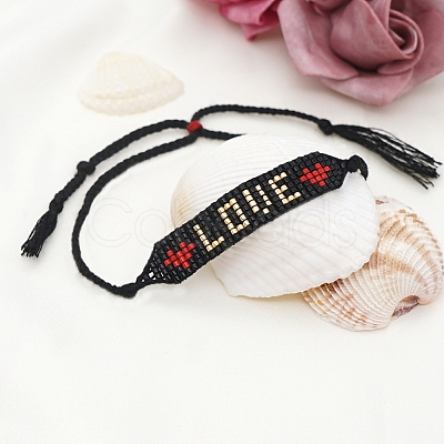 Glass Seed Wide Band With Word Love Heart Friendship Link Bracelet for Women BJEW-P269-12-1