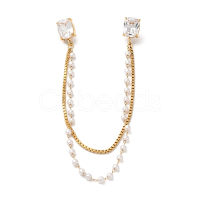 304 Stainless Steel Pave Clear Cubic Zirconia & ABS Pearl Rectangle Hanging Chain Brooch JEWB-S021-03G-1