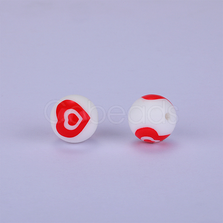 Printed Round with Heart Pattern Silicone Focal Beads SI-JX0056A-192-1