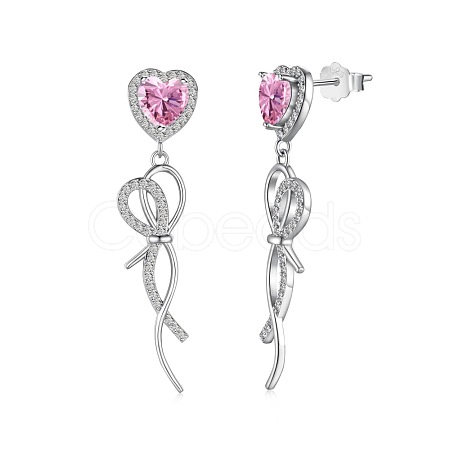 Heart Rhodium Plated 925 Sterling Silver Micro Pave Cubic Zirconia Stud Earrings EJEW-Q804-04P-1
