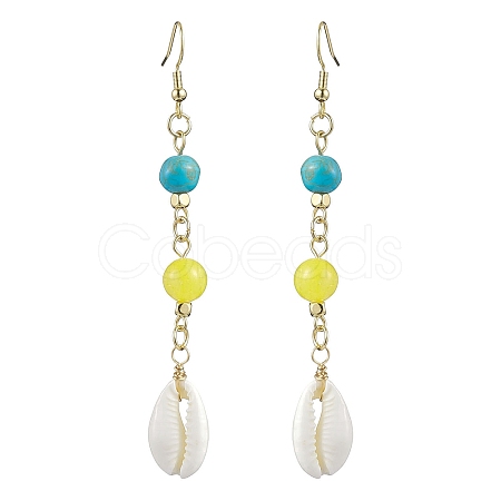 Cowrie Shell and Synthetic Turquoise & Natural Mashan Jade Dangle Earrings for Women EJEW-JE05814-1