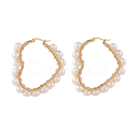 Natural Pearl Wire Wrapped Heart Big Hoop Earrings for Women EJEW-JE04796-02-1