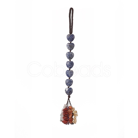 Heart Natural Blue Spot Jasper & Mixed Stone Chips Tassel Pendant Decorations HJEW-JM00948-01-1