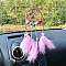 Iron Woven Net/Web with Feather Pendant Decorations, with Wood Beads for Car Hanging Ornaments, Flat Round with Star, Pink, 250x70mm