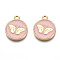 Alloy Enamel Pendants, Cadmium Free & Nickel Free & Lead Free, Light Gold, Flat Round with Butterfly, Pink, 18x15x2mm, Hole: 2mm