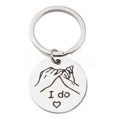 Non-Tarnish Valentine's Day Theme 304 Stainless Steel Flat Round with Word I Do Pendant Keychain KEYC-K018-01P-02-1