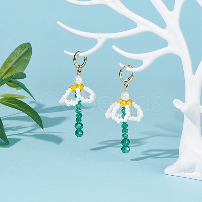 Shell Pearl & Glass Braided Flower with Long Tassel Dangle Leverback Earrings EJEW-TA00122-1