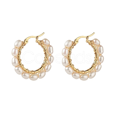 Natural Pearl Beads Brass Hoop Earrings EJEW-JE04565-1