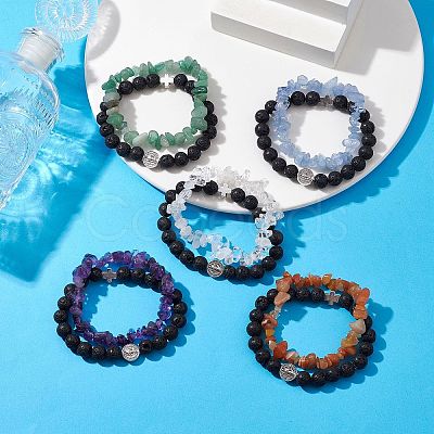 2Pcs 2 Styles Natural Lava Rock & Mixed Gemstone Chips Stretch Bracelets Set BJEW-JB10179-1