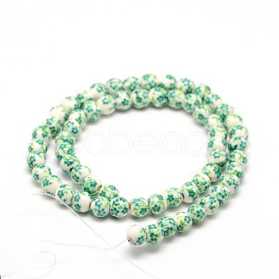 Handmade Flower Printed Porcelain Ceramic Beads Strands PORC-M005-6mm-07-1