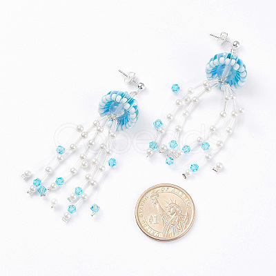 Glass Seed & Synthetic Moonstone Beaded Long Tassel Dangle Stud Earrings with Shell Pearl for Women EJEW-TA00062-1