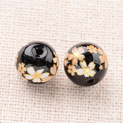 Flower Picture Printed Glass Round Beads GLAA-J089-10mm-A04-1