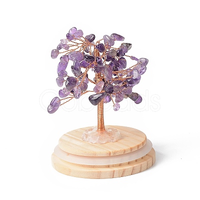 Natural Amethyst Chips Money Tree in Dome Glass Bell Jars with Wood Base Display Decorations DJEW-B007-04G-1