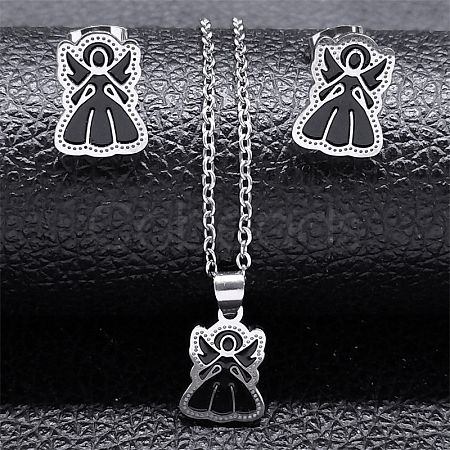 304 Stainless Steel Enamel Angel Stud Earrings & Pendant Necklace Set for Women SJEW-S002-01P-1