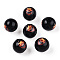 Halloween Theme Wood European Beads, Printed Large Hole Beads, Round, Black, Pumpkin, 15.5~16.5mm, Hole: 3.5~4.5mm