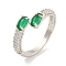 Oval Rack Plating Brass Micro Pave Cubic Zirconia Cuff Rings for Women, Cadmium Free & Lead Free, Long-Lasting Plated, Platinum, Green, US Size 7 1/4(17.5mm)