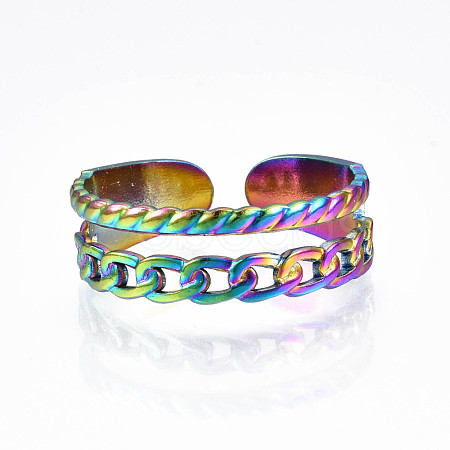 Rainbow Color 304 Stainless Steel Curb Chain Shape Cuff Ring RJEW-N038-037M-1