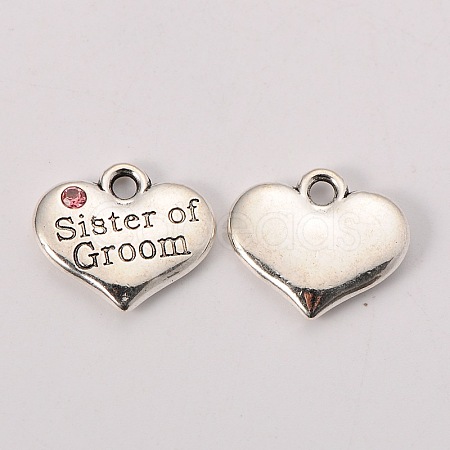 Antique Silver Tone Tibetan Style Heart with Sister of Groom Rhinestone Charms X-TIBEP-N005-08B-1