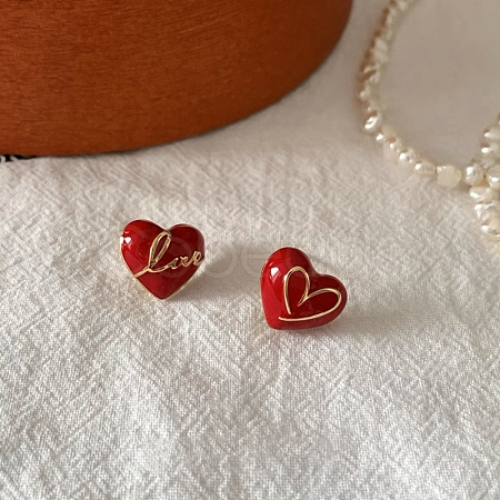 Heart & Word Love Enamel Asymmetrical Earrings EJEW-Z018-02A-1