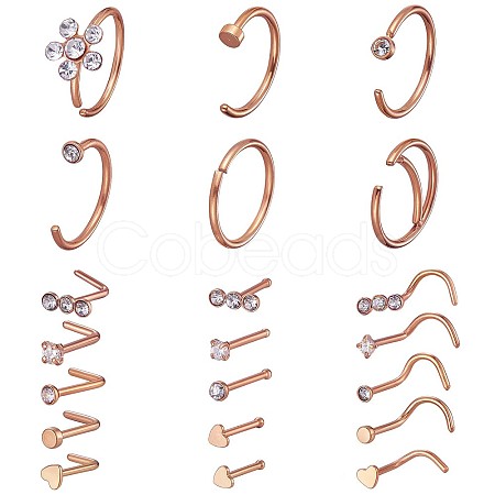 21Pcs 21 Style Clear Cubic Zirconia Flower & Flat Round & Heart Nose Studs & Rings Set JX527A-1
