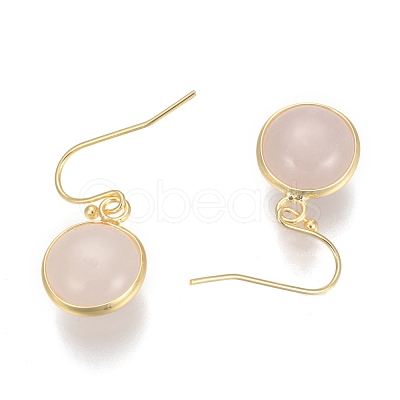 Flat Round Golden Tone Brass Natural Rose Quartz Dangle Earrings EJEW-M059-07-1