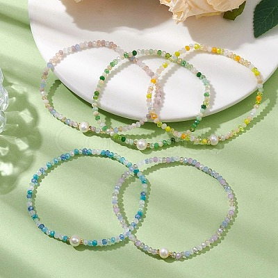 5Pcs 5 Styles Rondelle Faceted Glass Beaded Stretch Bracelets BJEW-JB10331-1