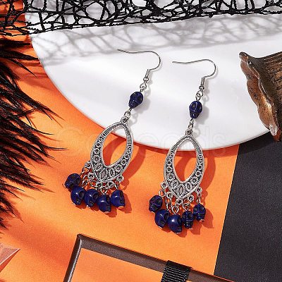 Halloween Skull Dyed Synthetic Turquoise & Alloy Dangle Earrings EJEW-JE05890-04-1