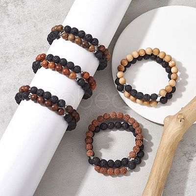 Natural Lava Rock & Wooden Round Beaded Stretch Bracelet BJEW-JB10075-1