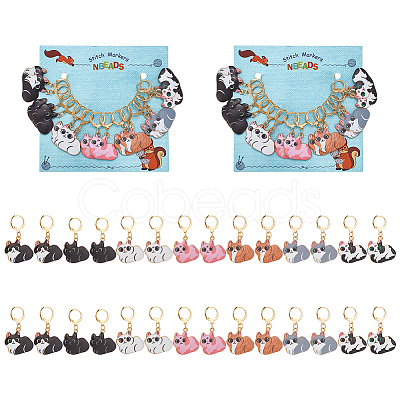 14Pcs 7 Style Cat Alloy Enamel Pendant Locking Stitch Markers HJEW-AB00137-1