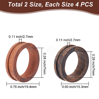 DELORIGIN 8Pcs 2 Style Wood Grooved Finger Ring Settings WOOD-DR0001-01-1