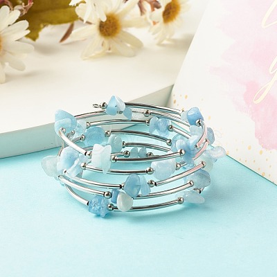 5-Loop Natural Aquamarine Chip Beaded Wrap Bracelets for Women BJEW-JB01517-03-1