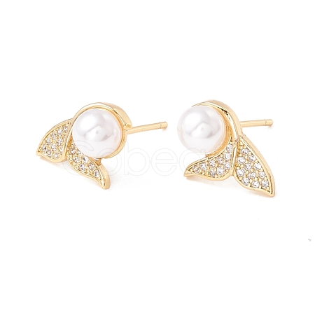 Clear Cubic Zirconia Fishtail Stud Earrings with Acrylic Pearl EJEW-F282-34G-1