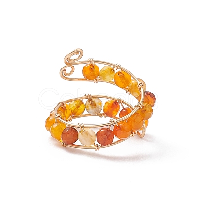 Dyed Natural Agate Round Beaded Open Cuff Ring RJEW-JR00561-1