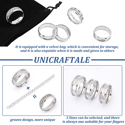 Unicraftale 18Pcs 3 Size 201 Stainless Steel Grooved Finger Ring Settings STAS-UN0042-68-1