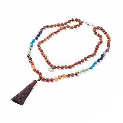 Round Wood & Mixed Gemstone Beaded Double Layer Necklace with Brass Magnetic Claslp NJEW-JN03857-1