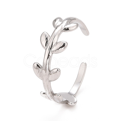 Non-Tarnish 304 Stainless Steel Leaf Wrap Open Cuff Ring for Women RJEW-C025-15P-1