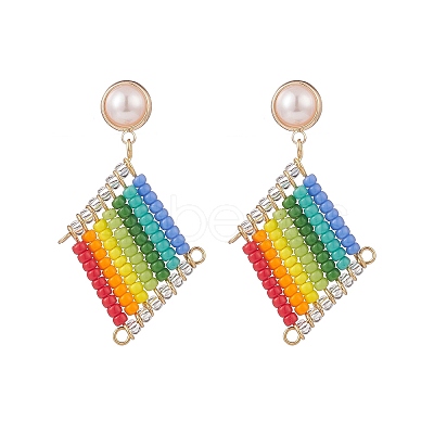 Japanese Seed Braided Rhombus Dangle Stud Earrings with Plastic Pearl Beaded EJEW-TA00170-1