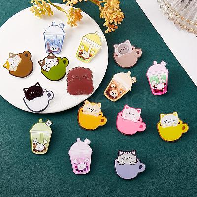 14 Pieces Acrylic Brooch Pins Set Cup Cat and Animal Milk Tea Label Pins Cute Cartoon Animal Badges Pins Creative Backpack Pins Jewelry for Jackets Clothes Hats Decorations JBR111A-1