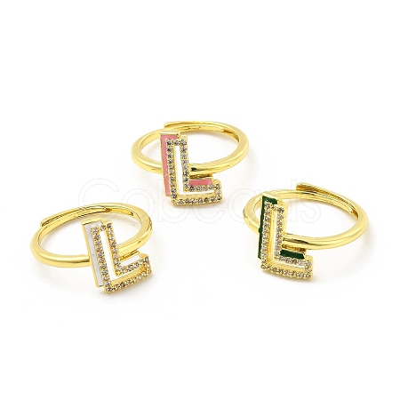 Mixed Color Enamel Initial Letter Adjustable Ring with Clear Cubic Zirconia RJEW-P045-01G-L-1