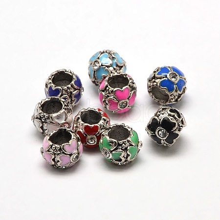 Rondelle with Flower Antique Silver Alloy Rhinestone Enamel European Large Hole Beads MPDL-M016-01-1