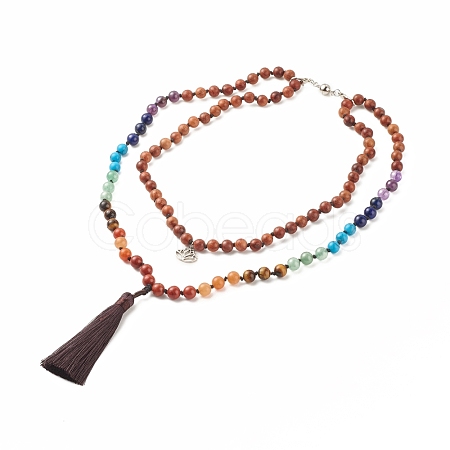 Round Wood & Mixed Gemstone Beaded Double Layer Necklace with Brass Magnetic Claslp NJEW-JN03857-1